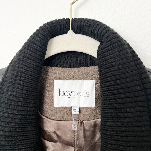 [Lucy Paris] Olive Green Black Mixed Media Wool Faux Leather Jacket Size Small S - Picture 10 of 11